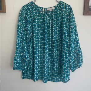 LOFT Teal and White Geometric Blouse